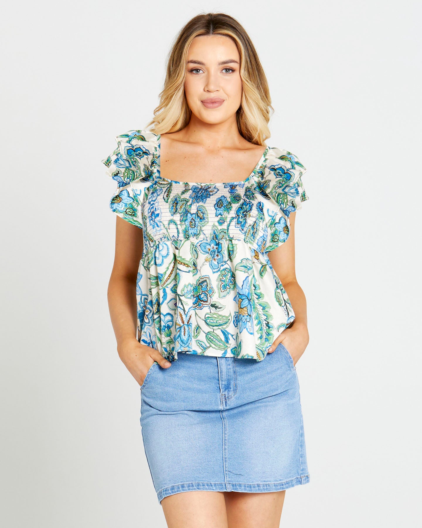 Zoey Frill Sleeve Shirt: The Zoey Frill Top will make the cutest addition to your Summer wardrobe! In a lightweight and flattering fit , it features a flutter frill sleeve and shirred bodice - Ciao Bella Dresses 