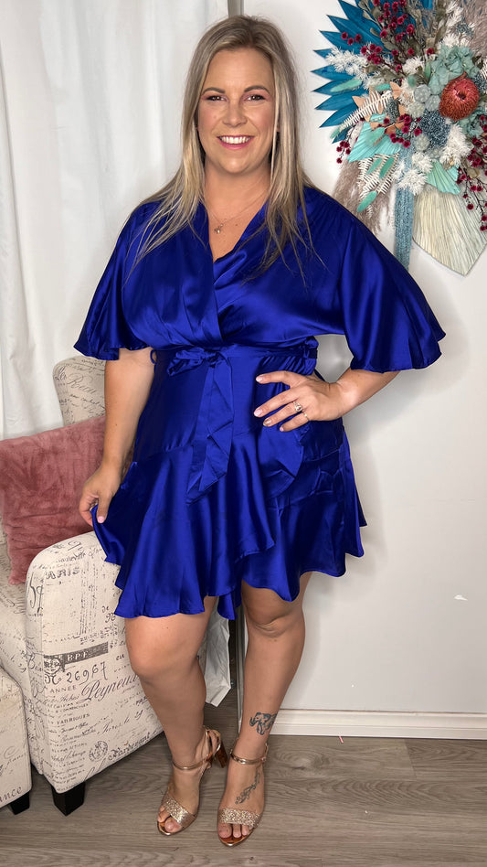 Twyla Dress - Cobalt Blue - Get party season ready with the satin look Twyla dress. The Twyla is a faux wrap dress with a flutter sleeve and a fun frill hemline

Faux wrap 
Breastfeeding friend - Ciao Bella Dresses - Roseason