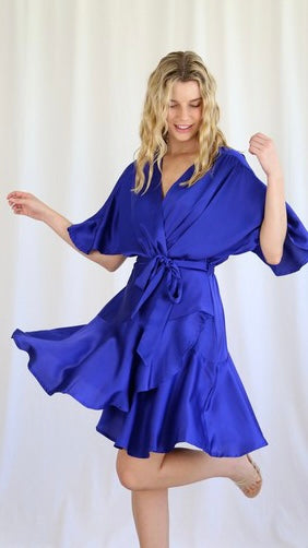 Twyla Dress - Cobalt Blue - Get party season ready with the satin look Twyla dress. The Twyla is a faux wrap dress with a flutter sleeve and a fun frill hemline

Faux wrap 
Breastfeeding friend - Ciao Bella Dresses - Roseason