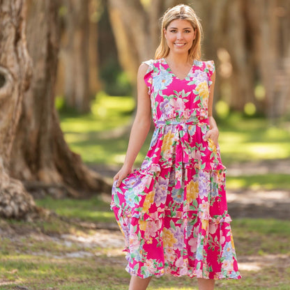 
True to size
Danika wears a size 12
Long midi length
Detachable waist tie
Flutter sleeve
 - Zavia Tier Dress - Hot Pink Floral - Boho Australia